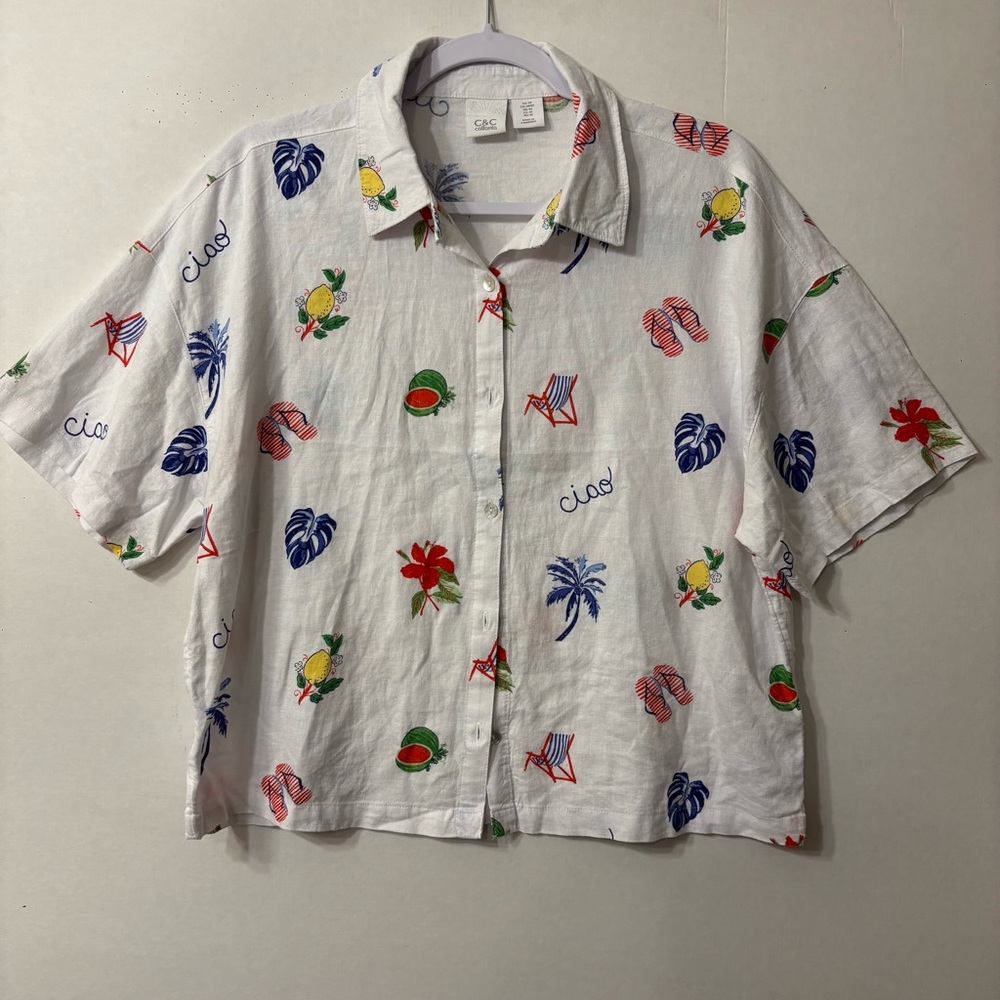 C&C California Womens White Shirt with Colorful Fruit Graphics Sz M Linen blend